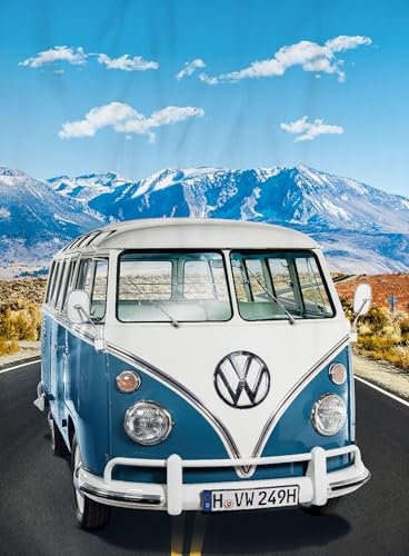 BERONAGE Large VW Volkswagen T1 Adventure Blanket - Blue 150 x 200 cm Bulli Cuddly Blanket, Camper Van Fleece Blanket, Bedspread, Fleece Blanket, Ideal for Sofa and Bed Matches Bedding