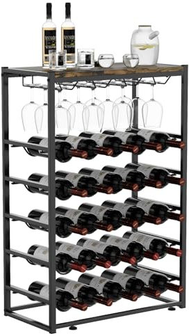 Urban Deco Weinregal Stehend mit Glashalter, Flaschenregal für 25 Flaschen & 12 Weingläser, Weinregal Metall Schwarz mit Holz Tischplatte für Küche Bar Keller Esszimmer, 59 x 30 x 89 cm