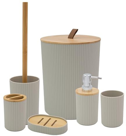 Anika Bathroom Accessory Set/Modern Bathroom Essentials Set/Includes Toothbrush Holder, Waste Bin, Toilet Brush, Cup, Soap Dish and Soap Dispenser (Stone)