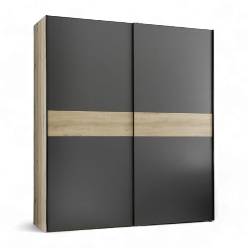 LIAM Schwebetürenschrank Schrank Kleiderschrank Artisan Eiche Optik Graphit | 170 x 195 x 58 cm (B/H/T), Jugendzimmer Schrank mit viel Stauraum, 2 Türen mit Artisan Eiche Bauchbinde