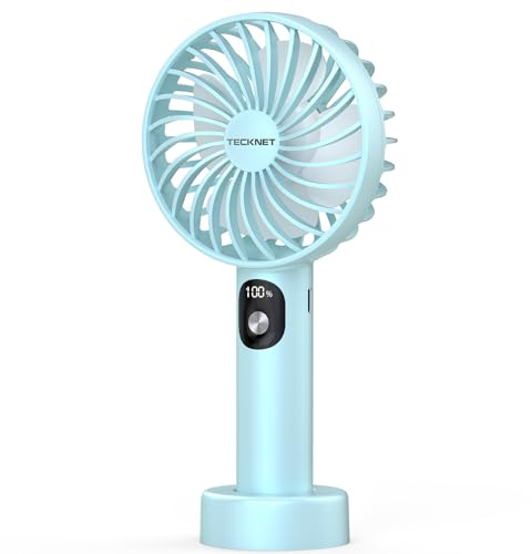 TECKNET Portable Handheld Fan, Rechargeable USB Hand Held Fan | Mini hand fan with LED Display, 3 Speed Battery Operated Detachable Base Cooling Desk fans for Home Office Bedroom Outdoor