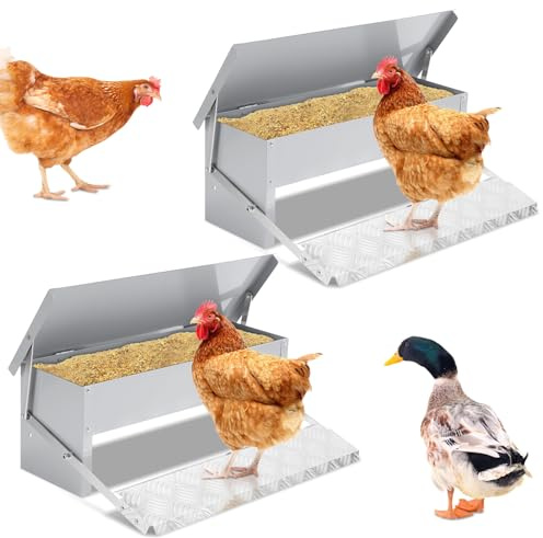 2x Ollewiellan Futterautomat Hühner 5KG Futterspender Futtertrog mit Automatisches Pedal, Hühnerfutter für Geflügel, Wasserdicht und rattensicher