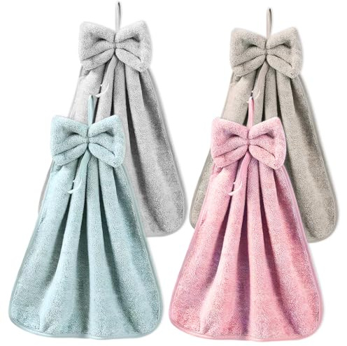 BOJVESH 4Pcs Bowknot Microfiber Coral Velvet Absorbent Hanging Hand Towels | Super Absorbent, Soft fluffy towels with hanging loops for kids and adults daily drying use