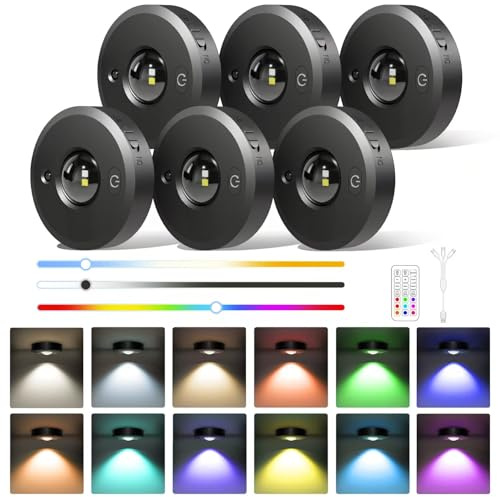 6er Set LED Unterbauleuchte Küche – Akku Puck Spots mit Fernbedienung, RGB & CCT 3000K–6000K, Dimmbar, USB-C Wiederaufladbar Vitrinenbeleuchtung, Magnetische Schrankbeleuchtung mit Timer, Schwarz | 9 RGB-Farben und 2 dynamische Modi, 1000 mAh batteriebetrieben, Timer, magnetisch, ideal für Küche, Schränke, Schrank