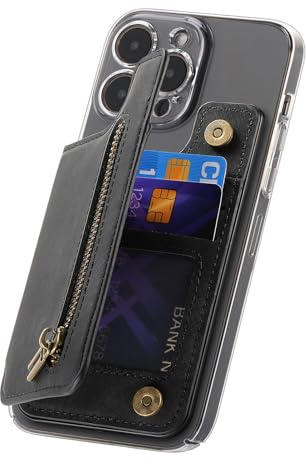 TopFunny Wallet Stick on Phone Case, Credit Card Holder for Back of Phone Cases Retro Flip Leather Zipper Sleeve Pouch Compatible with iPhone, Samsung Galaxy Android Most Smartphones Black