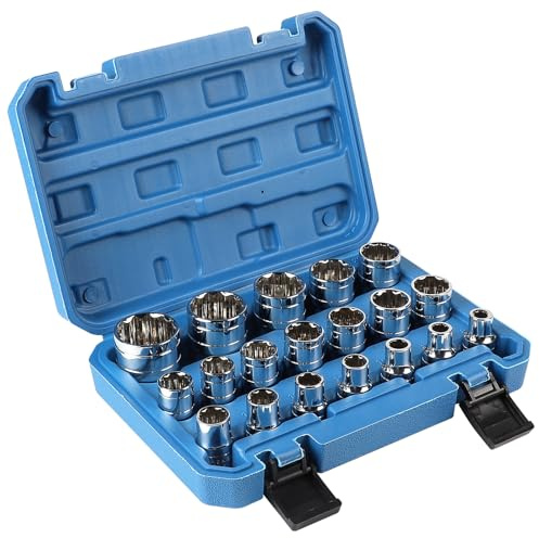 CPROSP 19 Pcs Juego de Llaves de Vaso 12 Caras 1/2 8-32mm con Estuche Resistente y Portátil, Juego de Vasos Gearlock Tamaño Máximo 32 mm CR-V en Acero