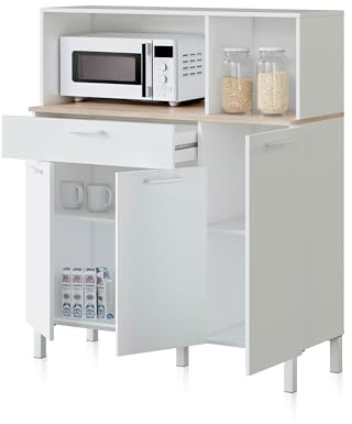 duehome | Alacena de Cocina, Mueble Auxiliar 3 Puertas + 1 Cajon y Estante Interior, Modelo Colin, Acabado en Blanco Artik y Roble Canadian, Medidas: 108 cm (Ancho) x 126 cm (Alto) x 40 cm (Fondo)