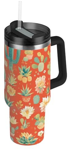 linqin Vakuumbecher mit Henkel für Zuhause, Büro oder Auto, Kaktus-Orange, isoliert, auslaufsicher, Deckel und Strohhalm, 1,2 l, große Wasserflasche, breite Öffnung, Kaffee-Reisebecher mit Griff