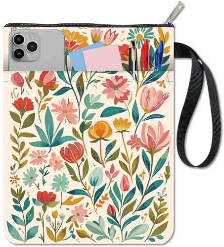 CRASPIRE Custodia per Copertina per Libro Floreale con Cerniera e Tasca Extra Motivo A Fiori Colorati e Foglie in Tessuto Lavabile per Quaderni con Copertina Rigida e Tascabile.