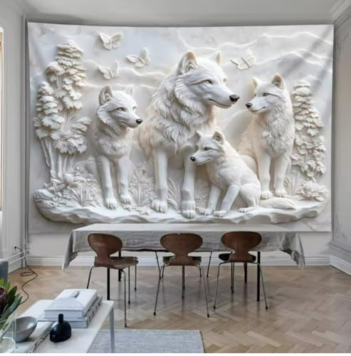 Arsey Gobeläng vargmotiv, vitt djur gobelänger med fjäril, naturtapet, väggbonad för sovrum, vardagsrum, estetisk spirituell vägghängd 300 x 180 cm