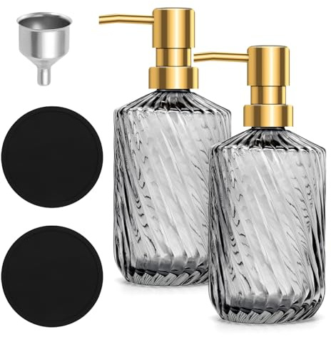 Juego de 2 dispensadores de jabón de cristal de 450 ml con 2 posavasos negros y 1 embudo, dispensador de jabón rellenable para cocina y baño, color gris
