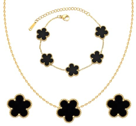 Vierblättriges Kleeblatt Schmuckset für Damen und Mädchen 18K VierbläTtriges Kleeblatt Anhänger Halskette Armband Ohrringe Hypoallergenes Glücksklee Emaille Schmuck Set für Geburtstags Valentinstag