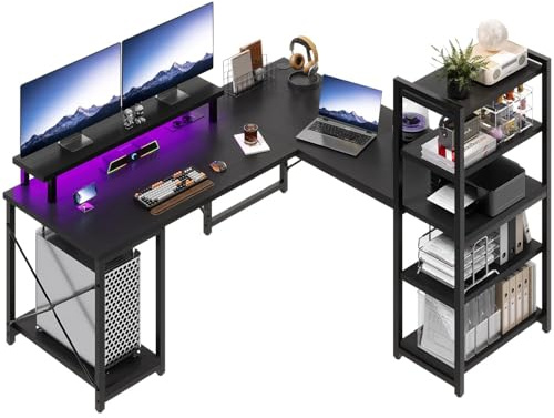 Devoko Corner Desk with Storage Shelf 140X140X138CM, l Shaped Desk, Suitable for both Study and Home Office, Large Computer Gaming Table With Drawers，Black