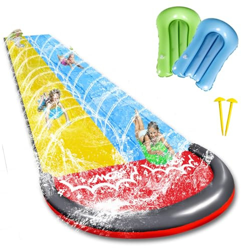 15,8ft/480cm Scivolo ad Acqua,Doppio Scivolo d'Acqua con 2 Tavole Gonfiabili,Scivolo per Prato con Irrigatore Integrato,Giocattolo Estivo per Bambini e Adulti,Giochi Acquatici per Giardino e Spiaggia