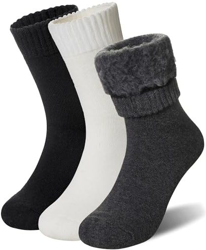 Thermal Socks For Women Extra Warm Winter Ski Thick Boot Walking Cold Weather Cosy Insulated Socks 3 Pairs (Black+White+Grey)