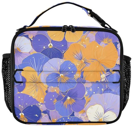 KLL Lonchera rectangular con doble cremallera para niña, con correa de hombro extraíble, bolsa térmica aislada para viajes a la playa, flores abstractas, pensamientos naranja y morado