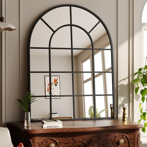 Koonmi Bogen Wandspiegel mit Gitter 100 x 75 cm, Schwarz | Dekorativer Spiegel aus gehärtetem Glas für Schlafzimmer, Wohnzimmer und Eingangsbereich, markantes Gitterdesign