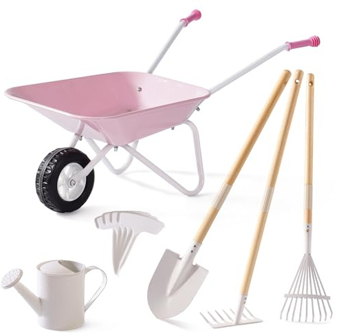 ROBOTIME Kids Wheelbarrow with Gardening Set – Metal Wheelbarrow Toddler Outdoor Play Toy with Garden Tools, Watering Can & Plant Labels, Pretend Play Yard Equipment for Boys and Girls (Pink)