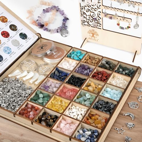 ARTREE 24 Sorten Naturstein Perlen, Edelsteine Chips zum Auffädeln im Holzbox Set, DIY Armband & Ohrring Zubehör mit Schmuckständer, Geschenk für Anfänger & Kreative