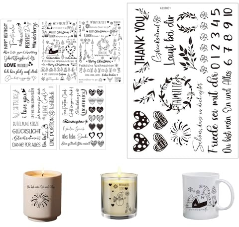 LUMOOM 6 Stück Rub On Weihnachten, DIY Transferaufkleber für persönliche Geschenke, Selbstklebende Rub On Folie für Möbel, Keramik & Acryl, Kreative Kerzen Aufkleber (Schwarz)