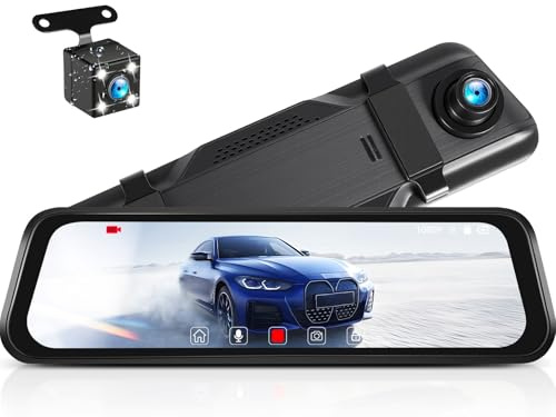 CAMECHO Mirror Dash Cam Front and Rear 9.66 Inch 1080P Full Touchscreen Rear View Mirror Camera, Dual Cameras, Night Vision, Reverse Assist, Loop Recording, Wide Angle, Dashcam Driving Recorder