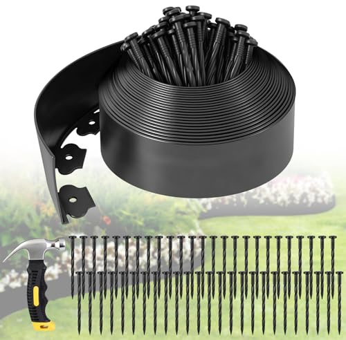 Bordo paesaggistico da 10 m, bordo da giardino alto 10,2 cm, con 50 paletti, kit di bordura flessibile in plastica senza scavo, per cortile, aiuole, sentieri e paesaggistica fai da te, nero