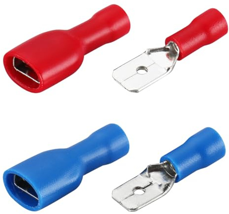 GWEOR 100 pz Connettori rapidi femmina in vinile completamente isolati 6.3 x 0.8 mm, rosso per 0.5-1.5 mm² (22-16 AWG), blu per 1.5-2.5 mm² (16-14 AWG)