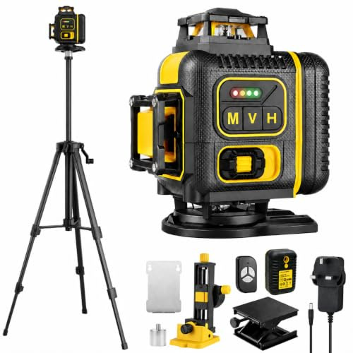 Laser Level Self Leveling 4 x 360°, 4D 16 Lines Green Laser Level | with 2 x 3600mAh Batteries, Adjustable Tripod, Remote Control and Wall Bracket, IP54 Waterproof and Dustproof