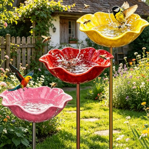 Vogeltränke Stehend,3 Stück Wassertränke für Vögel,Vogeltränke Blume,Blumen Gartenstecker,Insektentränke Garten,Bienentränke Metall,Blumenform Fütterungsschale,für Wildvögel Frostfest,Garten