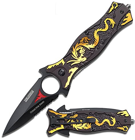 Tac-Force- Folding Pocket Knife – Black Partially Serrated Blade, Black Aluminum Handle w/Gold Dragon Design, Glass Punch and Pocket Clip, Tactical, EDC, Rescue - TF-707GD