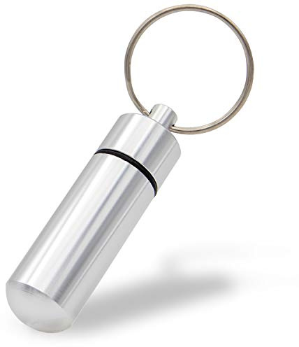 Aribari Pastillero de Aluminio Mini con Llavero. Caja de Pastillas Impermeable. Cápsula de Emergencia. Etiqueta de Regalo o Etiqueta de dirección. Longitud 5,2 cm ø 1,4 cm (Plata 1 Pieza)