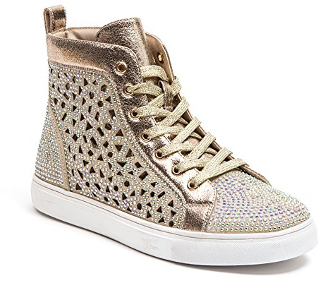 Lady Couture Flat Laser Cut High Top Bling Rhinestone Sneaker Women's Shoes New York Gold 40