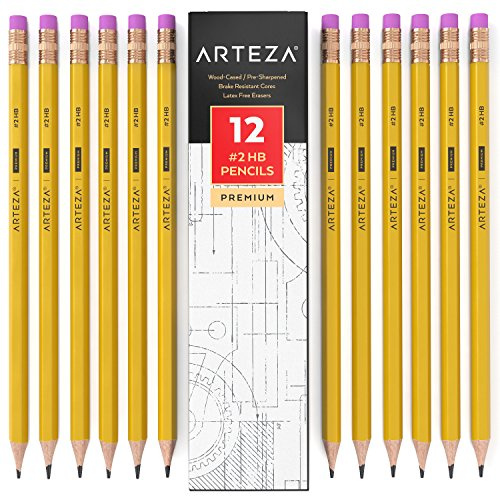ARTEZA #2 HB Graphitstifte mit Holzummantelung, Großpackung mit 12 Stück, vorgespitzt mit latexfreien Radiergummis, für Schule, Büro, Schreiben, Zeichnen und Skizzieren