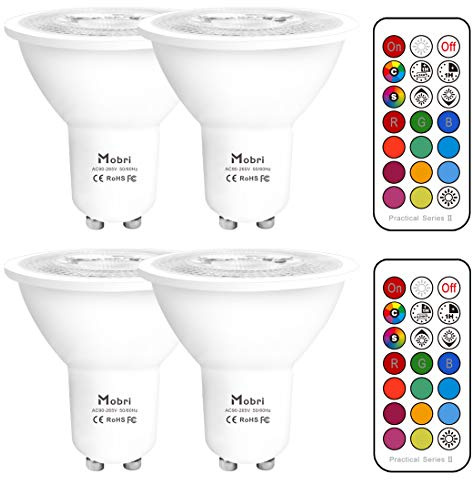 Mobri GU10 LED Bulbs, 5W Colour Changing Spot Light Bulb with Remote Control, 60 Watt Equivalent with Timing, RGB+ Warm White (2700K),Double Memory (4 Pack)