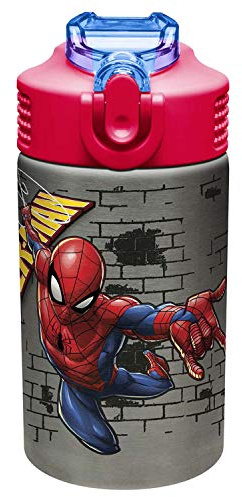 Zak Designs Stainless Steel One Hand Operation Lid and Built-in Carrying Loop Water Bottle with Straw Spout is Perfect for Kids (15.5 oz, BPA Free), 1 Count (Pack of 1), Marvel Comics Spider-Man