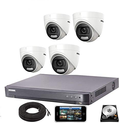 Hikvision CCTV System 4K DVR 5MP ColorVu Dome Camera IP67 20M UK - DS-7204HUHI-K1 - DS-2CE72HFT-F28 (4 Cameras, HDD 1TB)