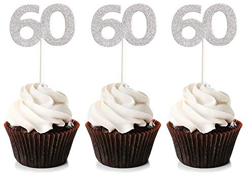 Unimall Global 24Pcs Silber Glitter Nummer 60 Cupcake Toppers 60. Jahrestag Geburtstag Cupcake Picks Kuchen Picks Party Dekoration