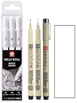 Sakura Gelly Roll Weiß, 3 Stifte Bright White + Sakura Pigma Micron Schwarz, 03,05,1 mm