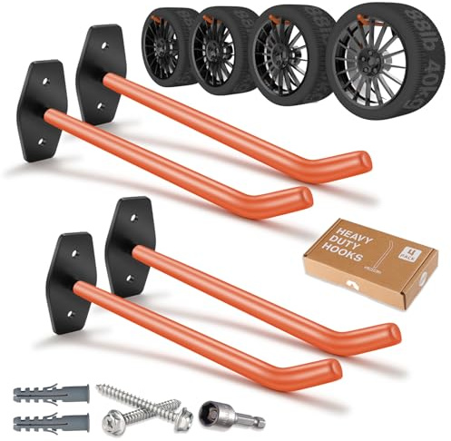 SunVFaFa 4 PCS Garage Hooks Heavy Duty Wall Mount, Tire Storage System with Anti-Slip Coating, Hang Heavy Tools for up to 88Lbs, for Bikes, Ladders, Chairs and Bulky Tools