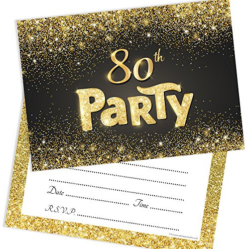 Olivia Samuel Lot de 20 cartons d'invitation pour 80e anniversaire Noir et doré Prêt à écrire avec enveloppes