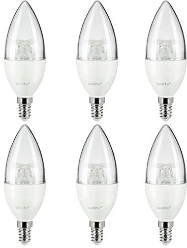 Sunlite 41611 LED B10 Clear Torpedo Tip Chandelier Light Bulb, 5 Watts (40W Equivalent) 470 Lumens, European E14 Base, Dimmable, 2700K Soft White, 6 Pack