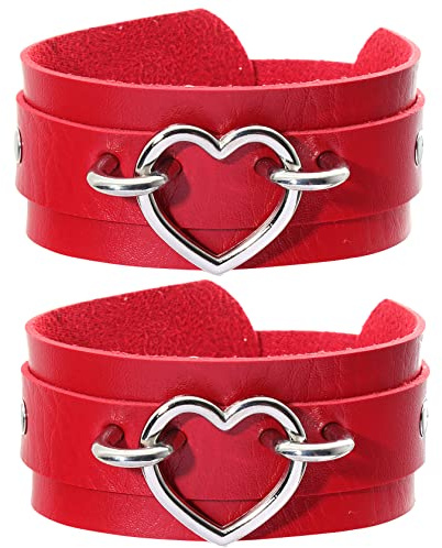 Manfnee 2er Pack Punk Gothic Armband für Herren Damen Leder Herz Metall Nieten Manschette Breites Armband Schwarz