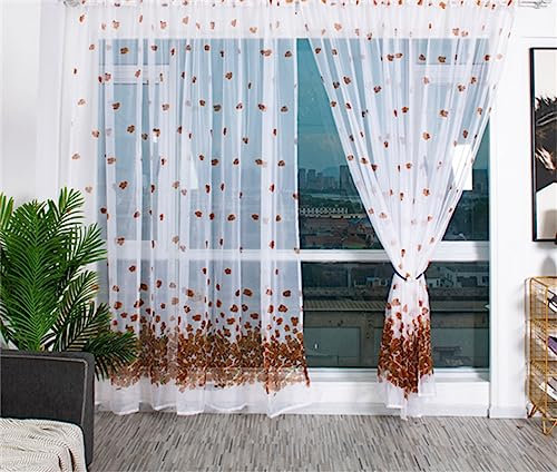 Voile Vorhang Sheer Gardinen mit Ösen,Vorhänge aus massivem Leinen, durchscheinend,Braune Blätter,dekoratives Gardinen-Design für modernes Wohnzimmer,2 Stücke,B140×H260cm