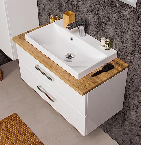 Quentis Badmöbelset Susan Breite 80 cm, weiß glänzend/Eiche Natur, Waschbecken mit Waschbeckenunterschrank, montiert