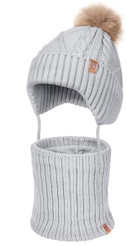 HEYO Kinder Winter Set Mütze warm Schlauchschal Loopschal weich Ohrenschützer Bommelmütze Rundschal Kleinkinder Ohrenklappen Strickmütze gefüttert mit Fleece (Grau)