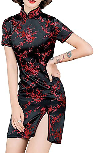 Costume tradizionale cinese da Cheongsam, a maniche corte, con stampa, spacco laterale, per feste del Capodanno Cinese, a vestito lungo e aderente, L