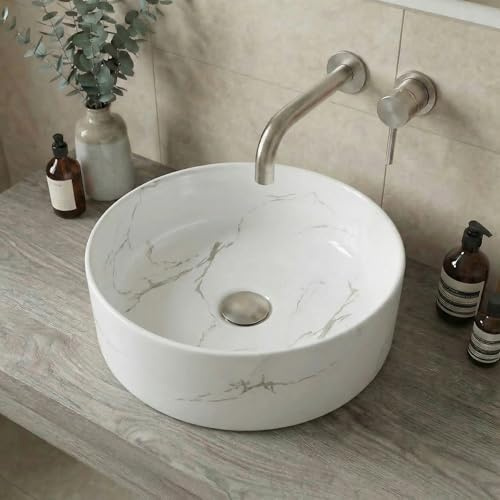 BAYSTONE® Countertop Basin for Bathroom and Cloakroom Hand Wash Basin Sink White Marble, Round 301 x 301mm