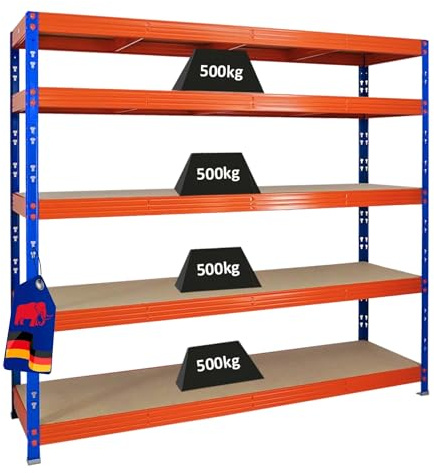 PROREGAL Profi Schwerlastregal Rhino EXTRA BREIT blau/orange HxBxT 180x200x60cm Fachlast 500kg 5X Spanplatten-Ebenen 8mm Garagenregal, Lagerregal, Steckregal, Weitspannregal