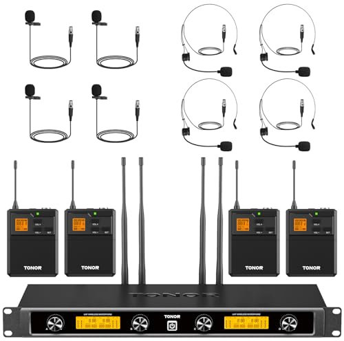 TONOR Système de Micro sans Fil UHF avec Double Micro-Casque/Lavalier, Emetteur de Poche, Récepteur Rechargeable, 4x5 canaux, 90M de portée, Enregistrement de la Voix, Sonorisation