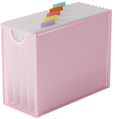 GoldOrcle Hanging File Organizer Box, Hanging File Folder Frame Holder Filing Box with 5 Hanging Folders, Metal Mesh Desk File Folder Storage(No Assembly Required), Pink